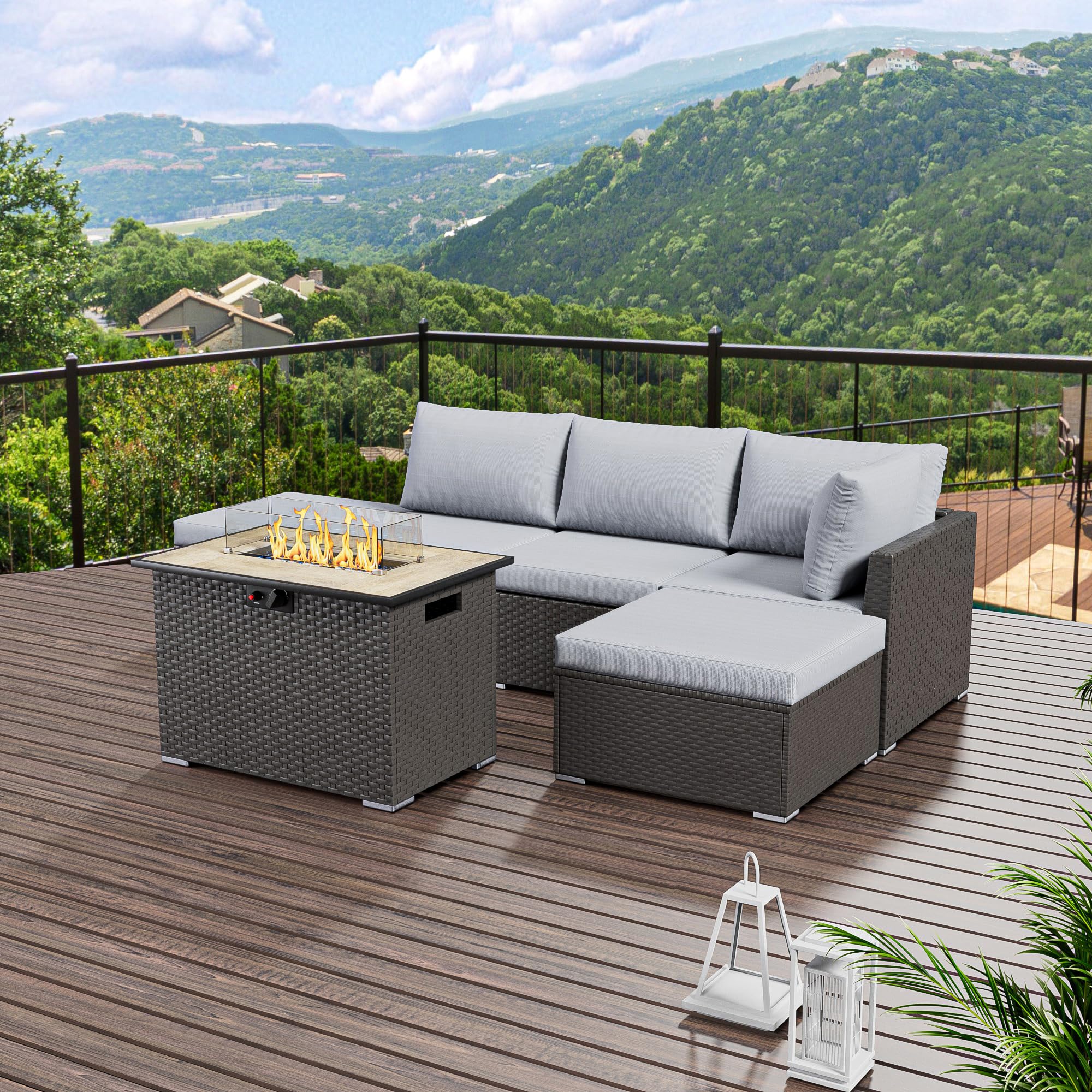 Dineli Patio Furniture Set Sofa Outdoor Furniture Set Sectional Couch Fire Pit Table Balcony Furniture Patio Table and Chairs Set with Propane Fire Pit (Light Gray, 6 pcs/firepit Table)