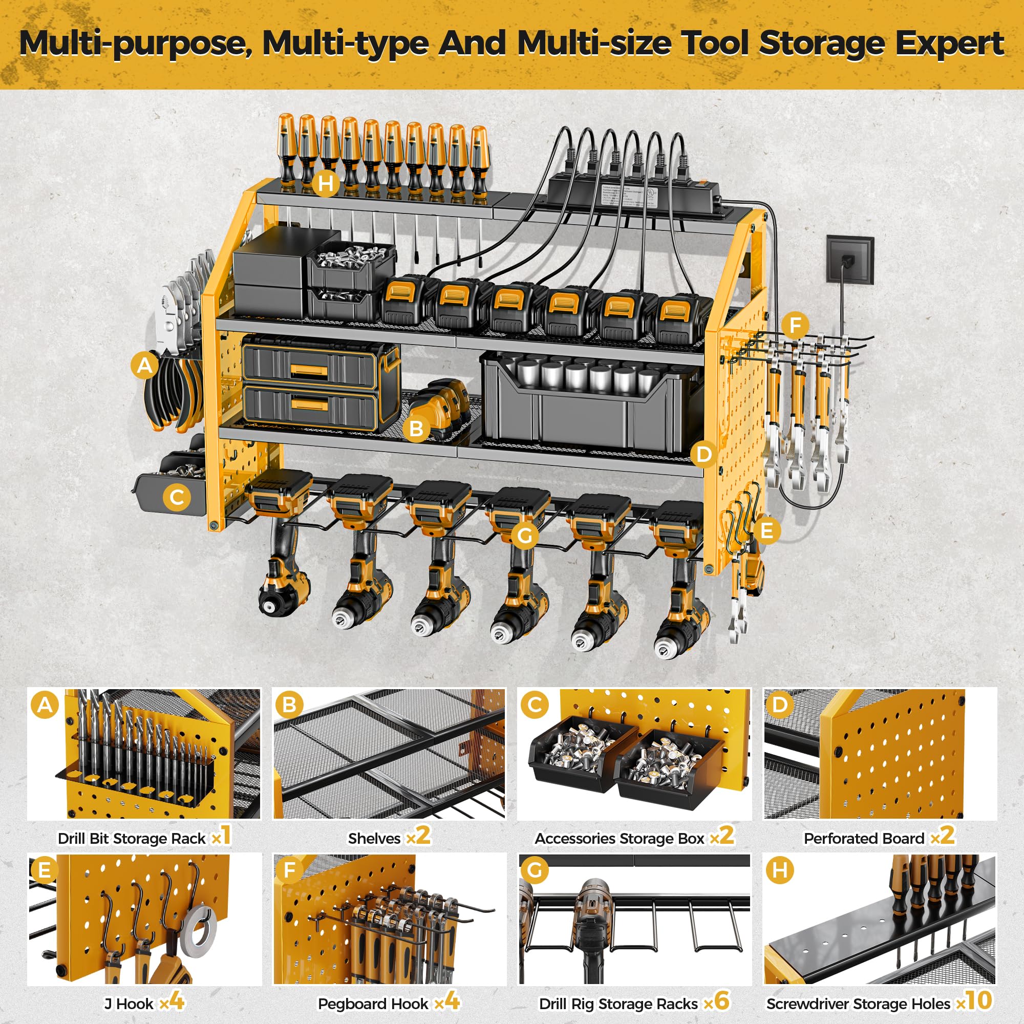 LBT Power Tool Organizer Wall Mount with Charging Station. Patented, Heavy Duty Steel, Garage 6 Drill Storage Shelf, 8 Hooks,2 Screw Boxes,6 Outlets Power Strip, Easy Install Power Tool Storage Rack.