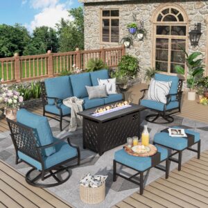 mixpatio patio furniture set, 6 pcs metal outdoor conversation set, 2 swivel chairs, 2 ottomans and 3 seater sofa with 5.75" extra thick cushion and gas fire pit table, navy blue