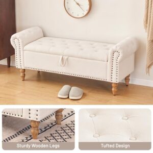 Furniliving 51” Storage Bench, End of Bed Bench with Button-Tufted Large Upholstered Storage Ottoman Linen Window Bench with Storage Shoe Cabinet Bench, for Bedroom, Entryway, Closet, Beige