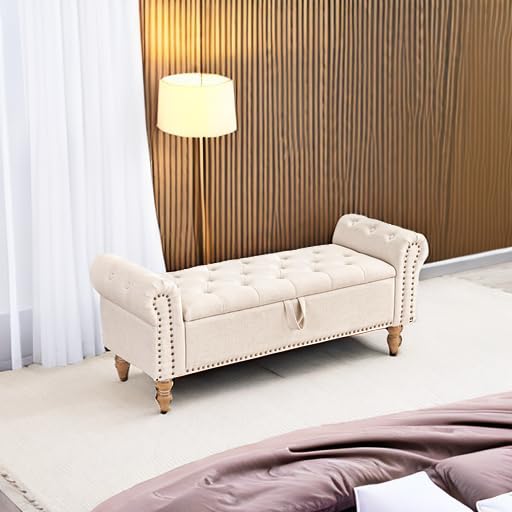 Furniliving 51” Storage Bench, End of Bed Bench with Button-Tufted Large Upholstered Storage Ottoman Linen Window Bench with Storage Shoe Cabinet Bench, for Bedroom, Entryway, Closet, Beige