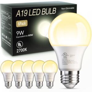 tjoy 6 pack a19 led light bulbs, 60 watt equivalent led bulb, soft warm white 2700k, efficient 9w, e26 standard base, non dimmable energy saving light bulb, 800lm, 80 cri, 120v, ul listed