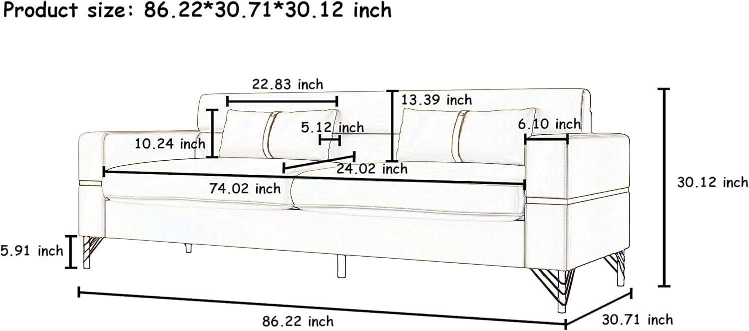DOLPHINDO 86" W Velvet Couch Sofa with Bolster Pillows,Oversized Mid-Century Modern Sofa Tufted Comfy 3 Seater Sofa Couch with Gold Metal Legs for Living Room Furniture