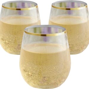 Oojami 36 piece Disposable Stemless Platic Wine Tumbler Cups Unbreakable Crystal Clear Gold Rim Plastic Wine Glasses elegant Drinkware for Wedding, Birthday, Indoor outdoor Pool 12 Ounce