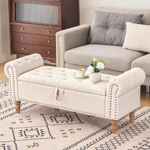 Furniliving 51” Storage Bench, End of Bed Bench with Button-Tufted Large Upholstered Storage Ottoman Linen Window Bench with Storage Shoe Cabinet Bench, for Bedroom, Entryway, Closet, Beige