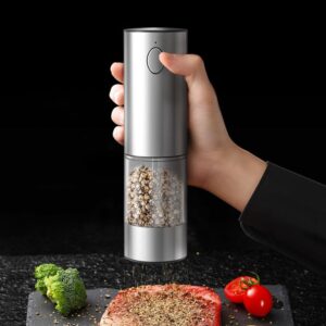 Newise Electric Salt and Pepper Grinder Set Rechargeable with Light, Automatic & Adjustable Coarseness, Kitchen Essentials, Housewarming Gifts for New Home, Stainless Steel