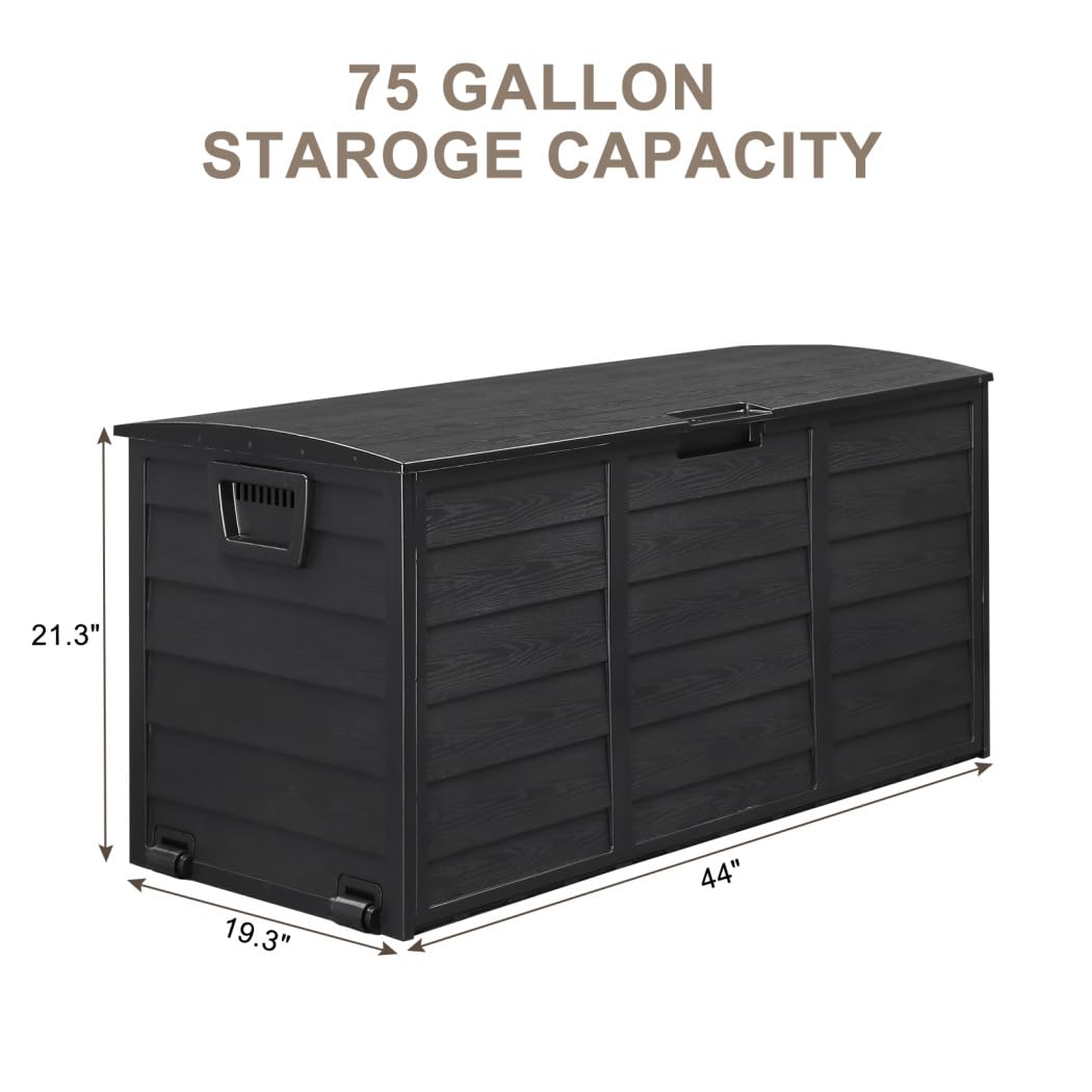 TURRIDU 75 Gallon Plastic Yard Storage Box with 2 Wheels & Lockable Seat, Outdoor Storage Deck Box Chest for Backyard Porch Patio Garden, All-Weather Storage Container for Tools Toys, Black