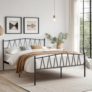 VECELO Full Metal Platform Bed Frame with M Shape Headboard/Footboard/Mattress Foundation/Under Bed Storage/No Box Spring Needed