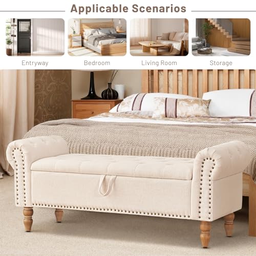 Furniliving 51” Storage Bench, End of Bed Bench with Button-Tufted Large Upholstered Storage Ottoman Linen Window Bench with Storage Shoe Cabinet Bench, for Bedroom, Entryway, Closet, Beige