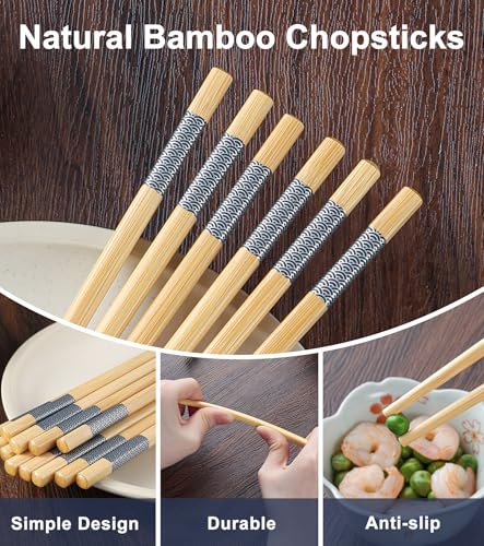 LOROTOCO 10Pairs Bamboo Chopsticks Reusable | Dishwasher Safe | Non slip | Chinese -（9.45in）