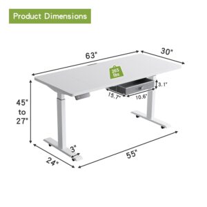 Radlove Dual Motors Height Adjustable 63 x 30'' Electric Standing Desk with Drawer Stand Up Table 4 Memory Keys, Computer Desk with Splice Board Home Office Desk, White Top + White Frame