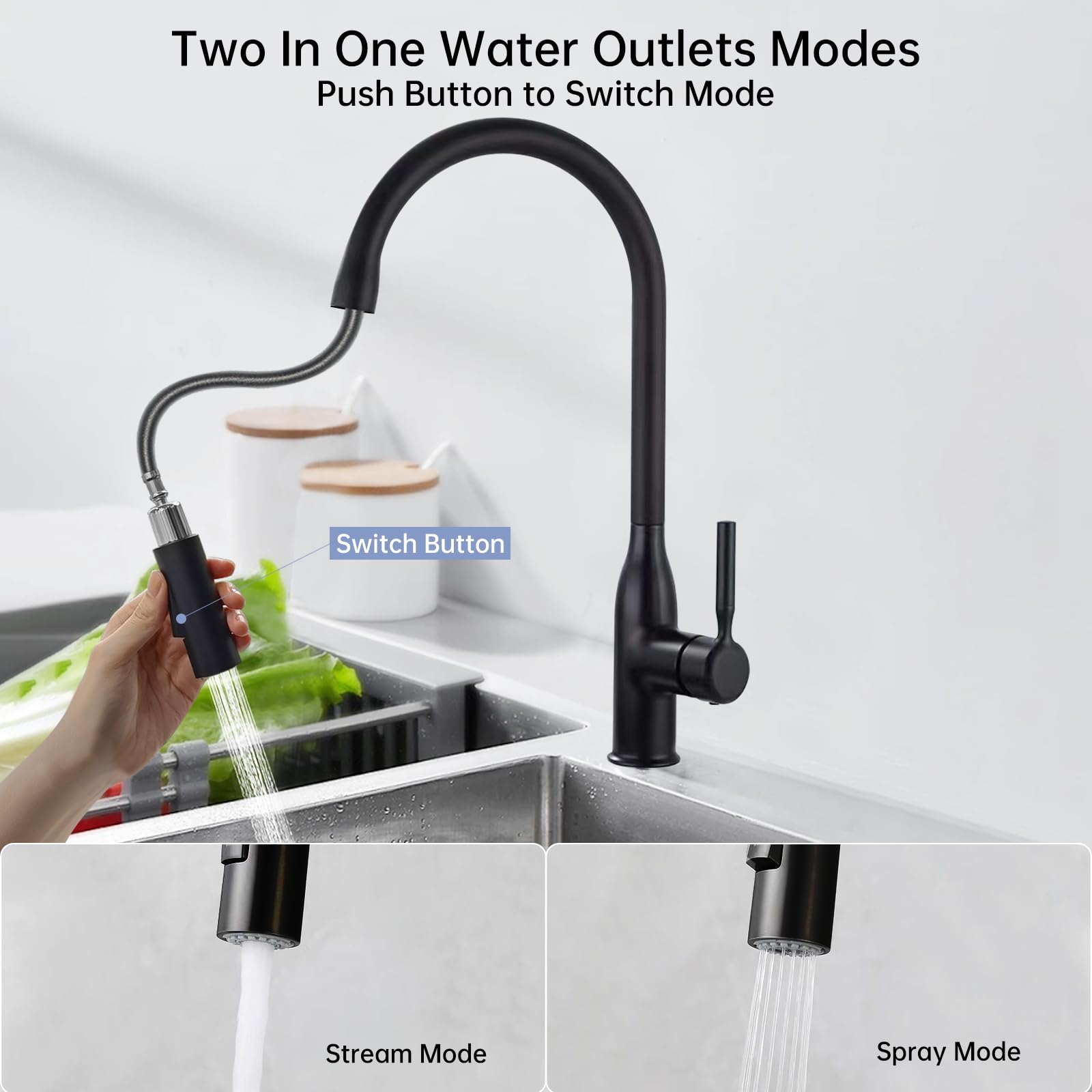 KUKKUME Kitchen Faucets with Pull Down Sprayer, Single Handle Kitchen Sink Faucet Modern Staninless Steel Kitchen Faucet Matte Black