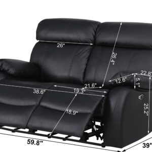 Alexent Loveseat Recliner Sofa, Power Recliner Leather Loveseat Sofa with USB Port Recliner Chair Couch 2 Seater Sofa for Living Room,Bedroom,Playroom,Black