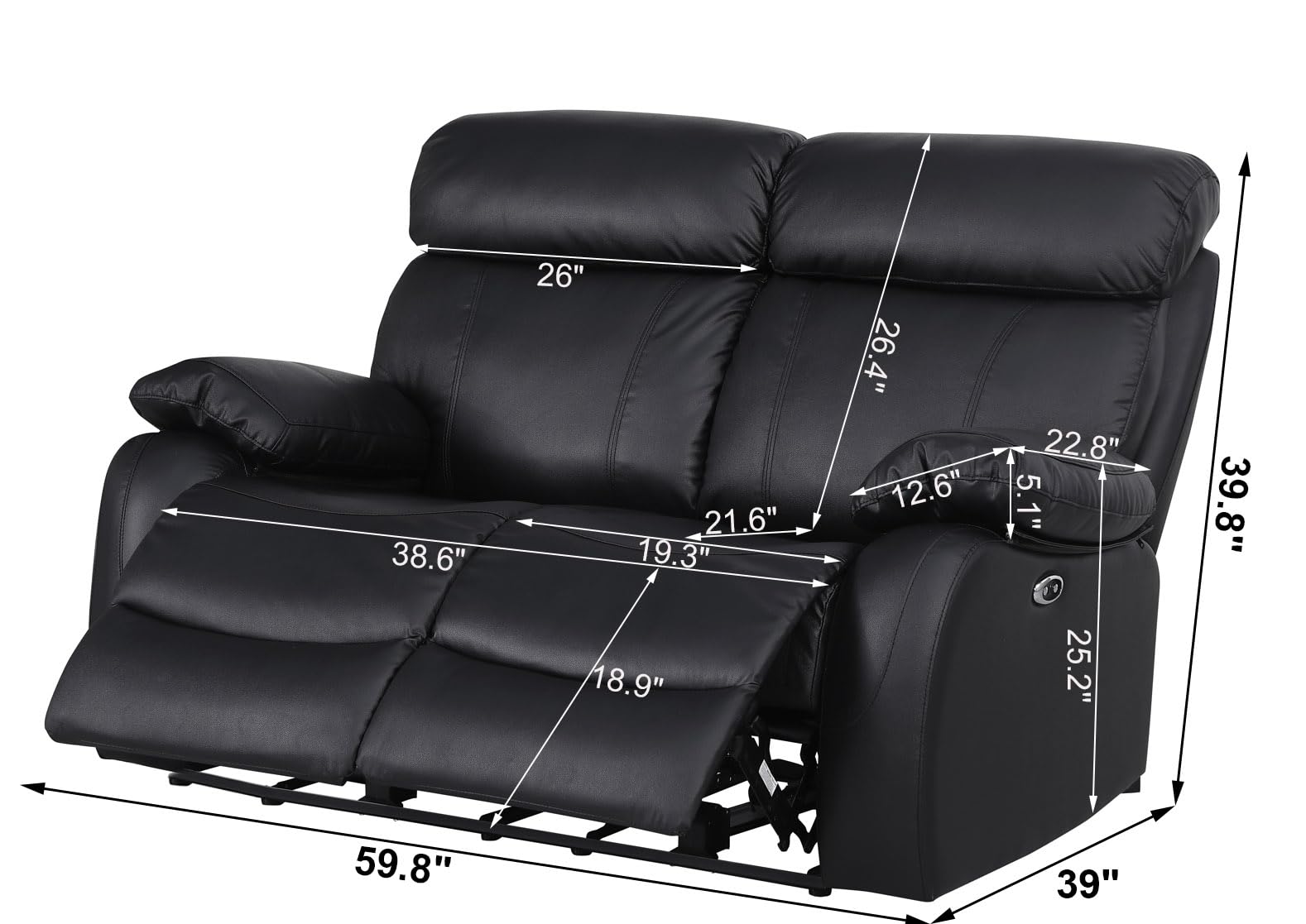 Alexent Loveseat Recliner Sofa, Power Recliner Leather Loveseat Sofa with USB Port Recliner Chair Couch 2 Seater Sofa for Living Room,Bedroom,Playroom,Black