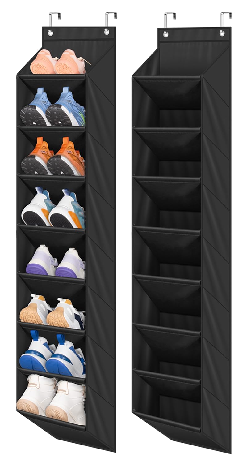 SLEEPING LAMB 2 Pack Narrow Over The Door Shoe Organizer with 8 Large Deep Pockets, Hanging Shoe Rack for Closet Door Storage for Boots, Sneakers (Black)