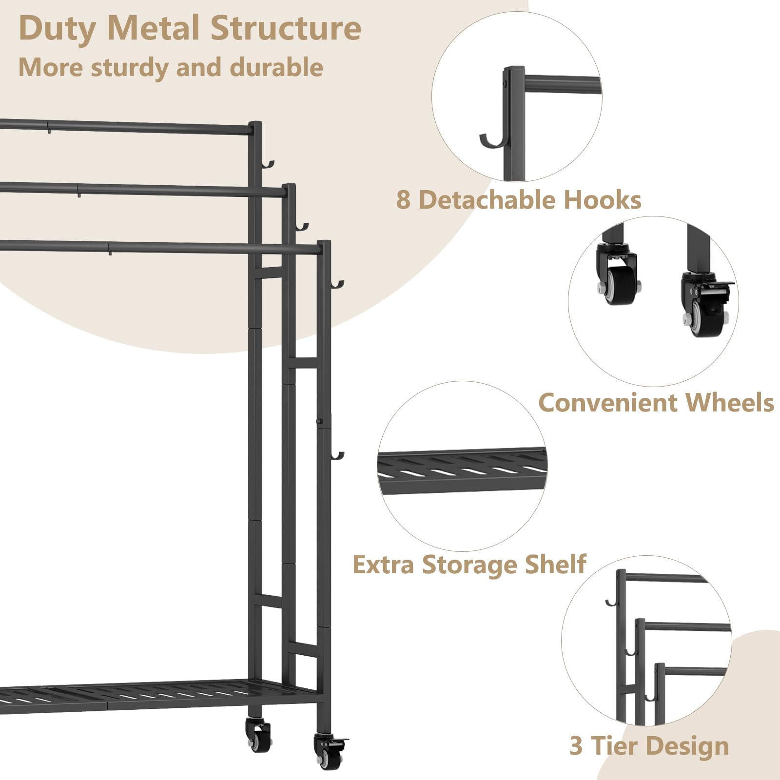 SORCEDAS Towel Rack 3 Tier Free Standing Metal Towel Stand with Storage Shelf and Wheel for Extra Large Towel Blanket Drying (Black)