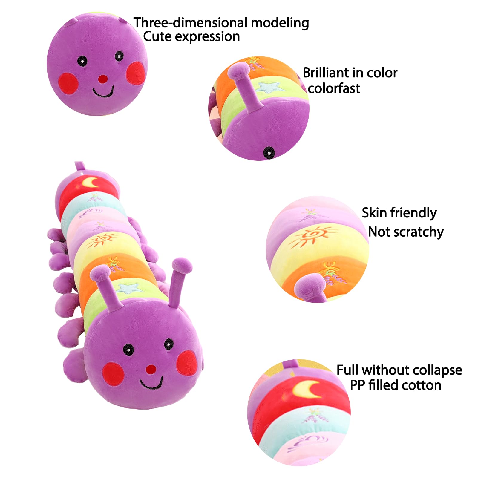 AUCOOMA 19.6" Caterpillar Stuffed Animal Small Pillow, Fun Plush Soft Long Pillow, Toy Doll Creative Birthday Gift Purple