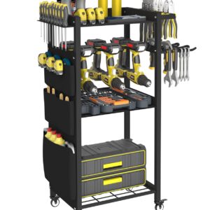 Artibear 4-Tier Rolling Power Tool Organizer Storage Cart, Garage Organization on Wheels Tool Cart with Drill Set Rack Shelf, Mechanic Utility Cart for Workbench & Outdoors Working, Gift for Men Dad