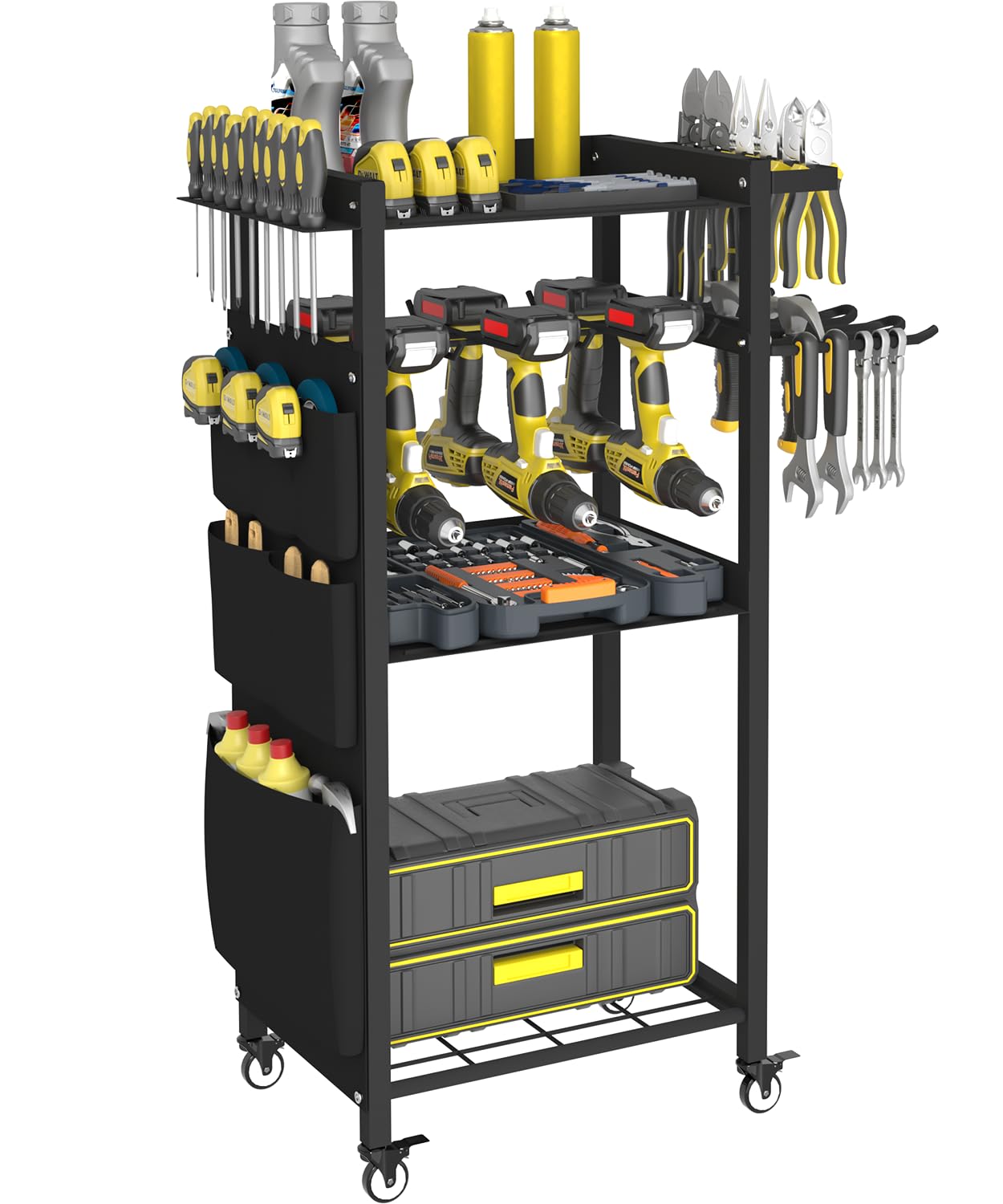 Artibear 4-Tier Rolling Power Tool Organizer Storage Cart, Garage Organization on Wheels Tool Cart with Drill Set Rack Shelf, Mechanic Utility Cart for Workbench & Outdoors Working, Gift for Men Dad