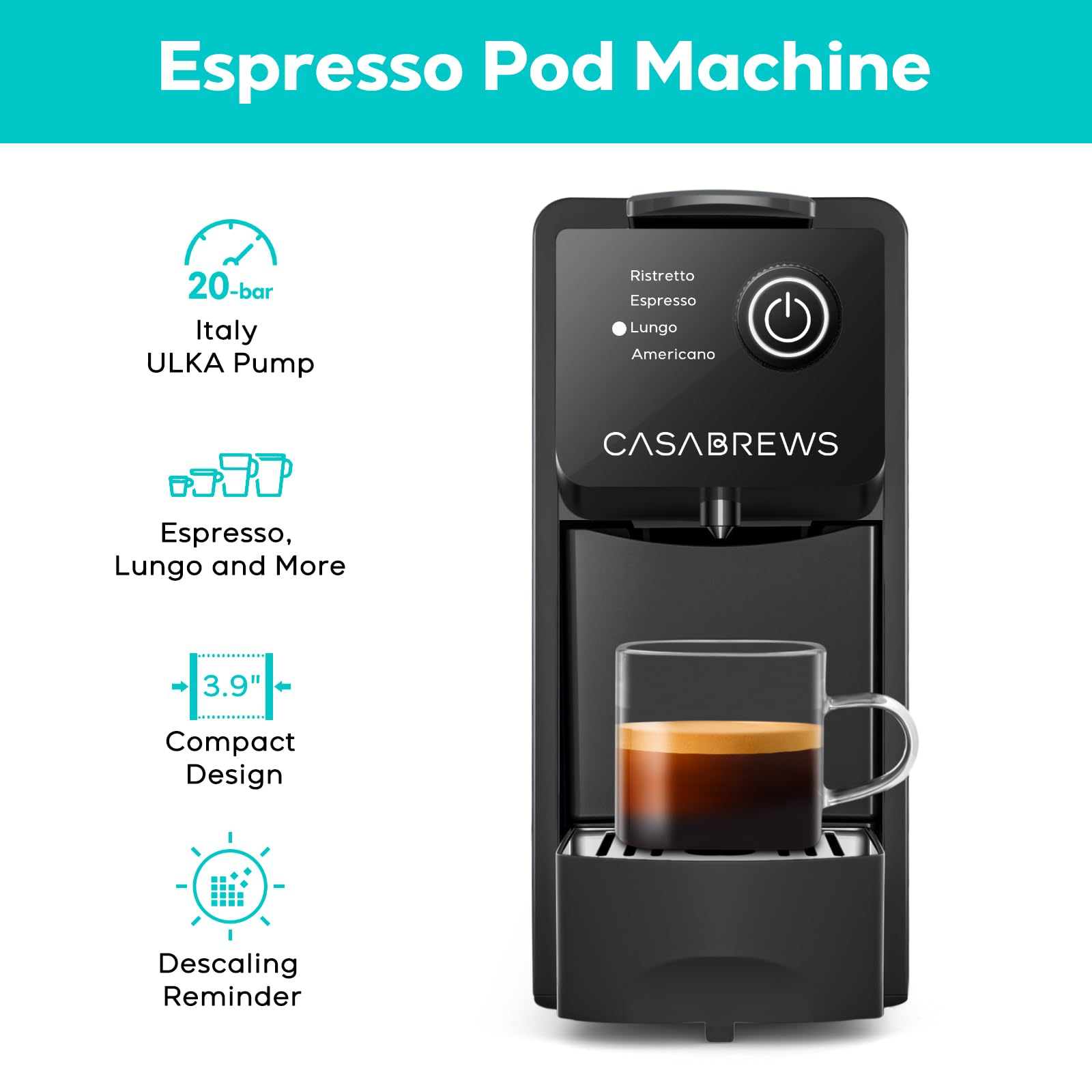 CASABREWS Espresso Machine for Nespresso Original Pods, 20 Bar Coffee Machine with 4 Brewing Modes and 21 oz Removable Water Tank, Compact Capsule Coffee Maker for Home or Office, Ideal Gifts for Mom