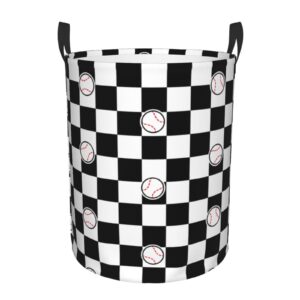 gbuzozie black and white checkered baseball pattern round laundry hamper storage basket toys clothes organizer bin for home bathroom bedroom dorm nursery, 62l