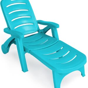 Moccha Plastic Folding Lounge Chair, 5-Position Adjustable Chaise Lounge with 2 Rolling Wheels, Armrest, Outdoor Chaise Chair for Patio, Beach, Backyard, Poolside, Home (1, Turquoise)