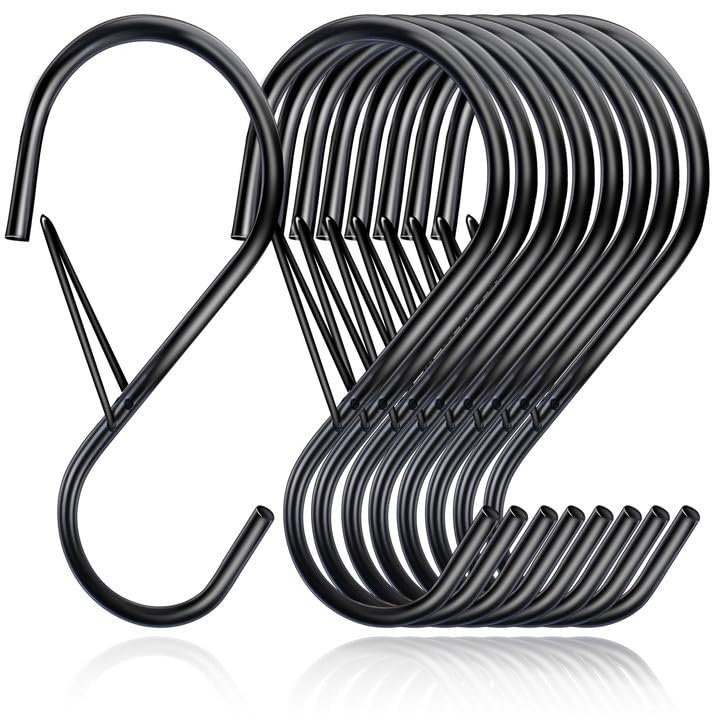 Black S Hooks Hanging Safety Buckle with Large Opening Fit Most of Rod, Heavy Duty S Shaped Closet Hooks Metal Rack Hooks for Hanging Jeans,Clothes,Purse,Plants,Kitchen Pots, Pans- 4 inch, (8 Pack)