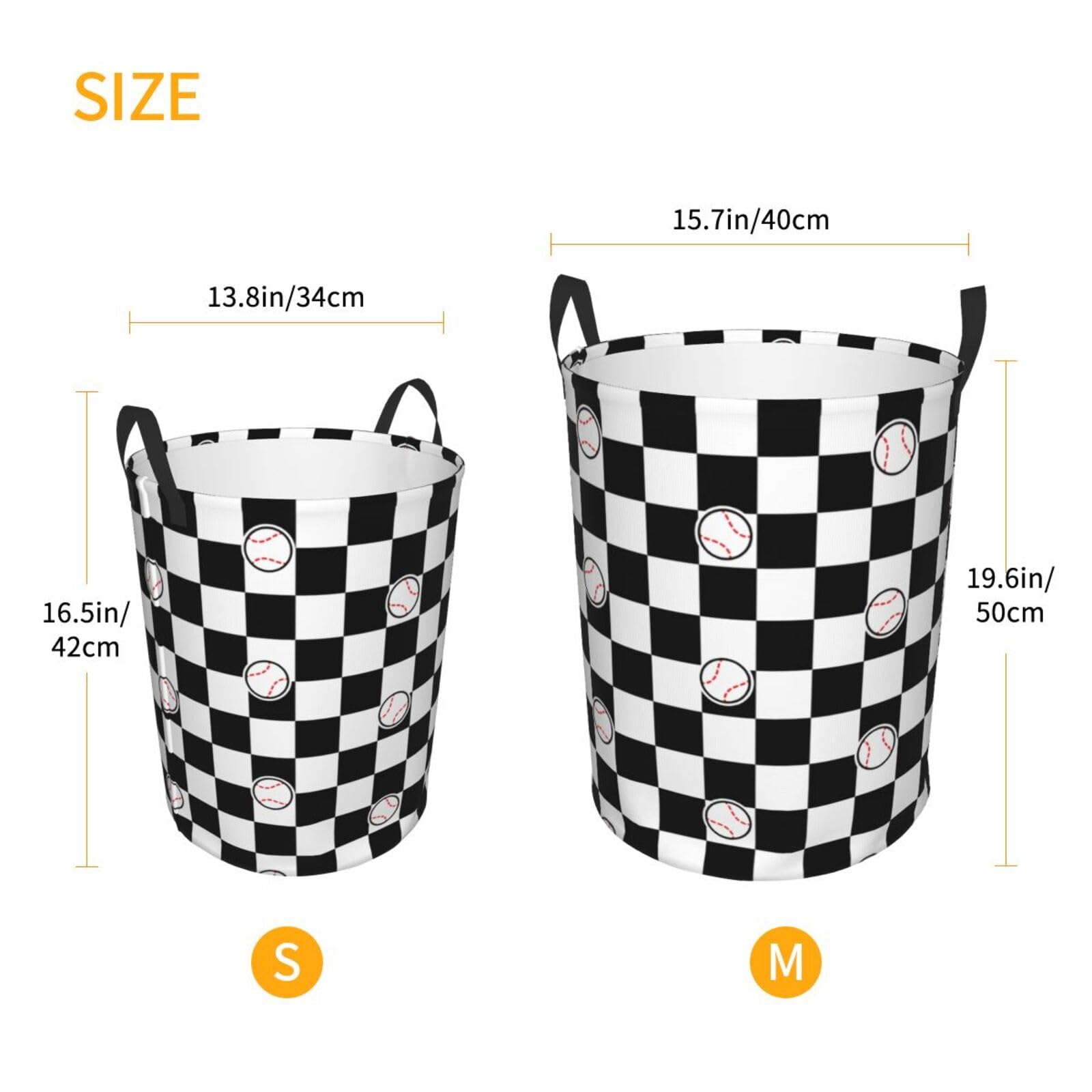 Gbuzozie Black And White Checkered Baseball Pattern Round Laundry Hamper Storage Basket Toys Clothes Organizer Bin For Home Bathroom Bedroom Dorm Nursery, 62l