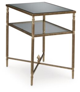 signature design by ashley cloverty industrial mirror-tabletop end table with round legs and glass shelf, metallic