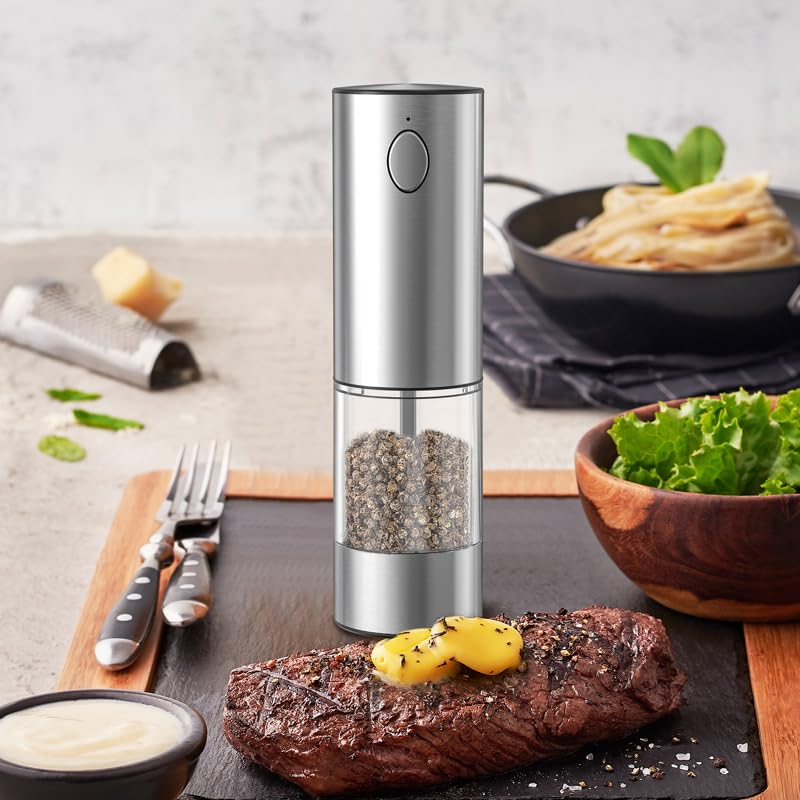 Newise Electric Salt and Pepper Grinder Set Rechargeable with Light, Automatic & Adjustable Coarseness, Kitchen Essentials, Housewarming Gifts for New Home, Stainless Steel