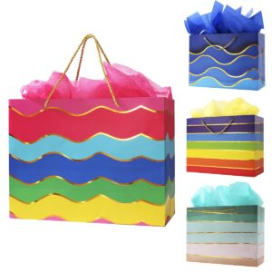 16" extra large gift bags with tissue papers, extra large gift bags with handles, large gift bags for presents, rainbow big gift bags, gold gift bags large size, extra large birthday gift bags bulk