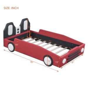 Harper & Bright Designs Twin Size Race Car-Shaped Platform Bed with Wheels, Faux Leather Upholstered Twin Bed Frame for Kids Boys Girls, No Box Spring Needed, Red