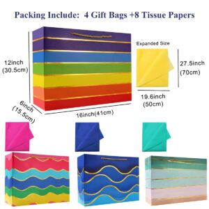 16" Extra Large Gift Bags with Tissue Papers, Extra Large Gift Bags with Handles, Large Gift Bags for Presents, Rainbow Big Gift Bags, Gold Gift Bags Large Size, Extra Large Birthday Gift Bags Bulk