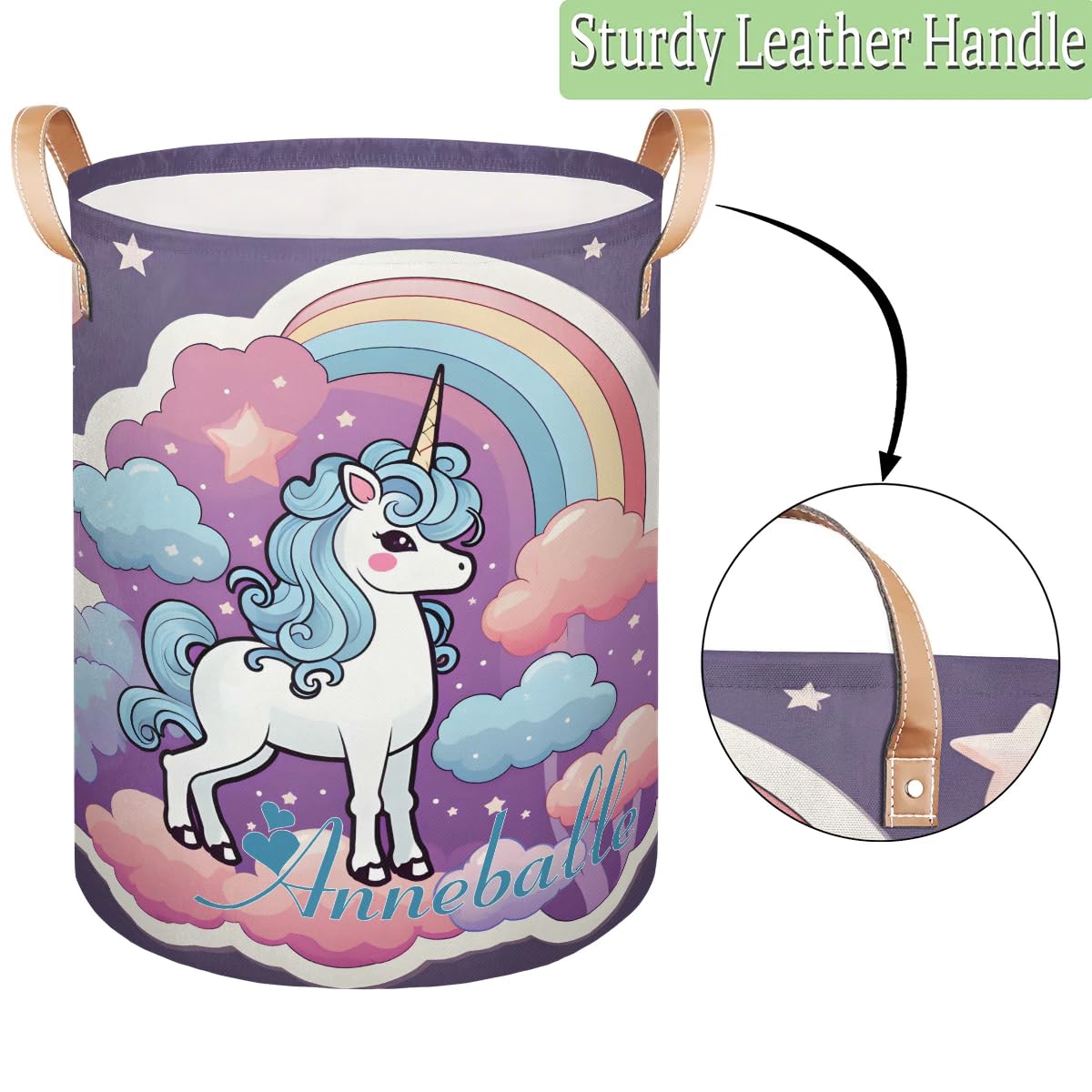 Custom Name Large Laundry Basket Cute Rainbow Unicorn Personalized Collapsible Waterproof Laundry Hamper Dirty Clothes Toys Storage Bin with Handles