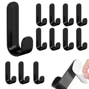 duehoppee 12 pack plastic adhesive hooks,damage free hooks holder,key holder,cute simple hooks,black decorative wall hooks for hanging hat cup glass headset towel(j-shaped)