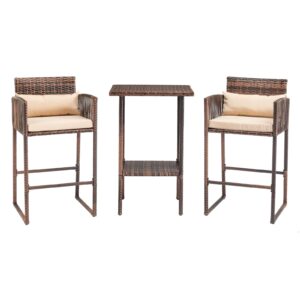 Outvita 3-Piece Outdoor Bar Height Chairs, Rattan High Top Patio Table and Chairs Front Porch Wicker Weaving Furniture Set for Deck Backyard Garden Poolside, Brown