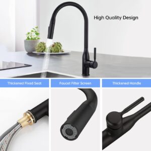 KUKKUME Kitchen Faucets with Pull Down Sprayer, Single Handle Kitchen Sink Faucet Modern Staninless Steel Kitchen Faucet Matte Black