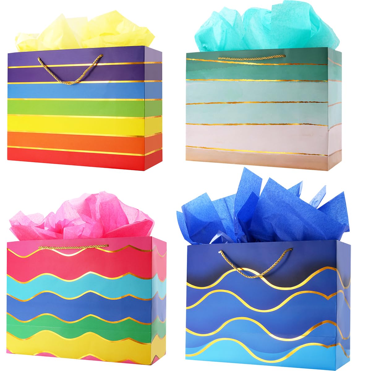 16" Extra Large Gift Bags with Tissue Papers, Extra Large Gift Bags with Handles, Large Gift Bags for Presents, Rainbow Big Gift Bags, Gold Gift Bags Large Size, Extra Large Birthday Gift Bags Bulk