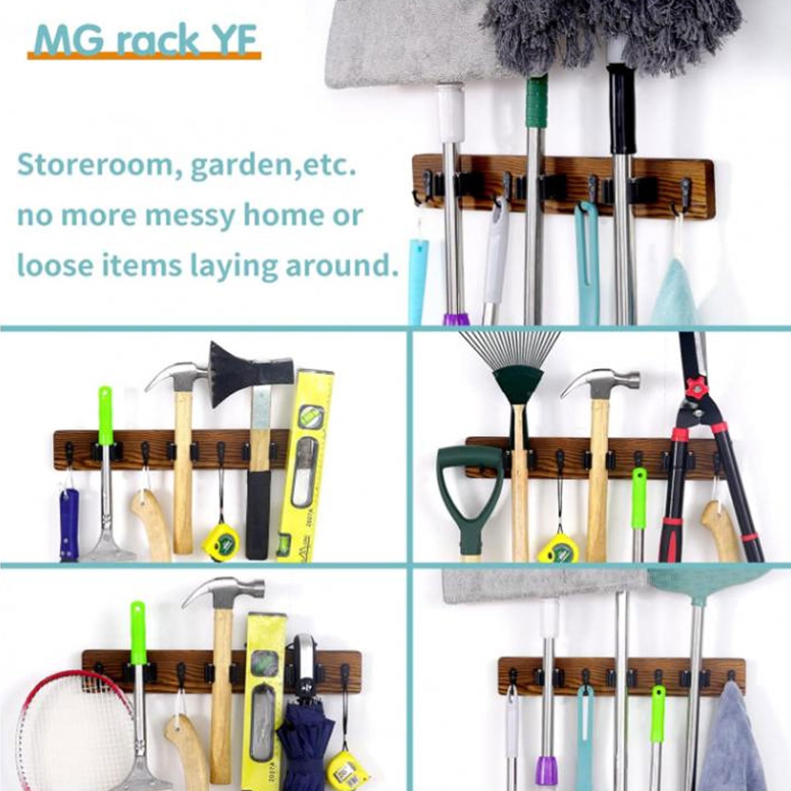 2PCS Mop and Broom Holder Wall Mount, Broom Holder Wood Broom Rack Garden Tool Rack Organizer for Laundry Room Decor with 3 Slots 4 Hooks