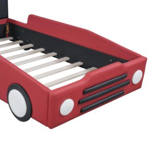 Harper & Bright Designs Twin Size Race Car-Shaped Platform Bed with Wheels, Faux Leather Upholstered Twin Bed Frame for Kids Boys Girls, No Box Spring Needed, Red