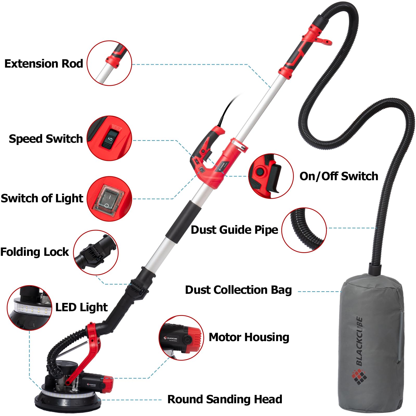 Blackcube Drywall Sander, 880W Electric Drywall Sander with Vacuum Dust Collection, Popcorn Ceiling Removal Tool 5 Variable Speed 1000-2100RPM with LED Lights, 14 Pcs Sanding discs