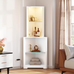 yitahome corner shelf stand with led light, 5 tier corner bookshelf and bookcase, wooden open corner cabinet display storage rack for bedroom,living room, dining room, home office, kitchen, white