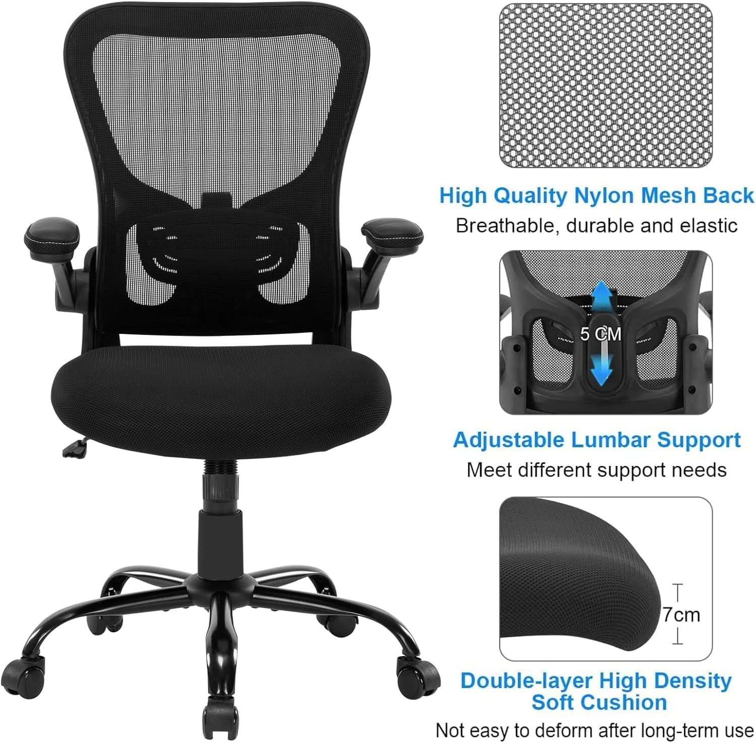 ZLchair Office Chair Ergonomic Desk Chair, Mesh Computer Home Office Desk Chairs with Adjustable Lumbar Support and Flip-up Armrests, Swivel Comfy Task Executive Chair, Black