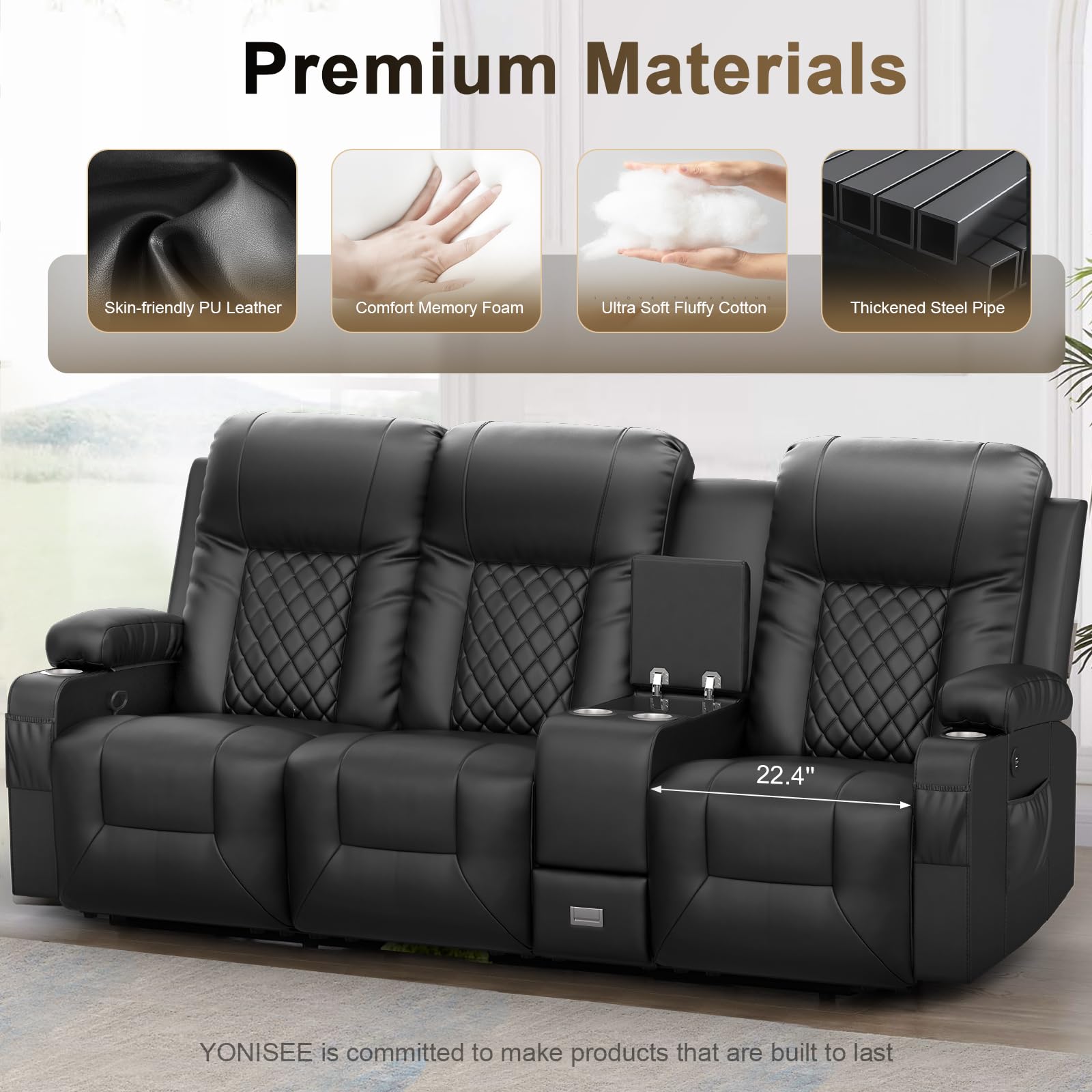 YONISEE 3 Seat Recliner Sofa, Large Reclining Sofa with Storage Console, Manual Reclining Chair with USB Ports, 2 Cell Phone Holder, 3 Seater Loveseat Recliner Couch for Living Room