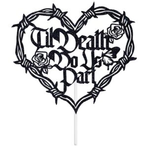 Til Death Do Us Part Cake Topper, Halloween Skull Wedding, Funny Bachelorette Bridal Shower Anniversary Party Decorations Supplies, Black Glitter