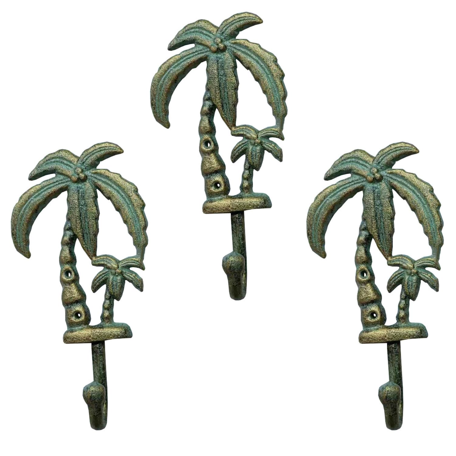 Cast Iron Palm Tree Wall Hooks - Set of 3, 8"x4" Tropical Decorative Hangers, Rustic Black Finish, for Coats, Towels, Bags - Add a Touch of The Tropics to Your Home Decor