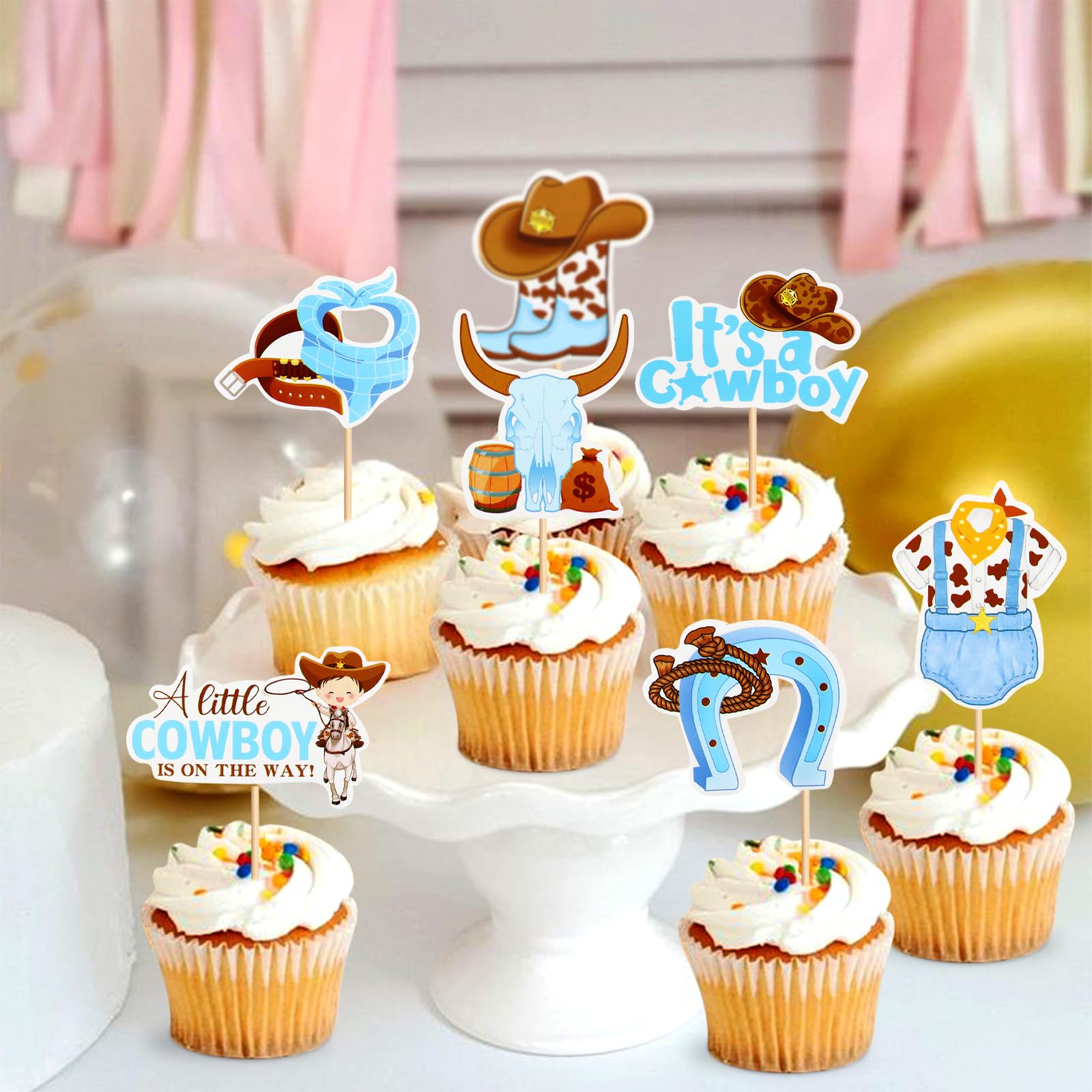 Keaziu 36PCS A little Cowboy is On The Way Cupcake Toppers Cowboy Riding HorseShoe Cowgirl Hats Western Theme Happy Birthday Baby Shower Party Cake Decorations Supplies Blue 3