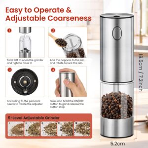 Newise Electric Salt and Pepper Grinder Set Rechargeable with Light, Automatic & Adjustable Coarseness, Kitchen Essentials, Housewarming Gifts for New Home, Stainless Steel