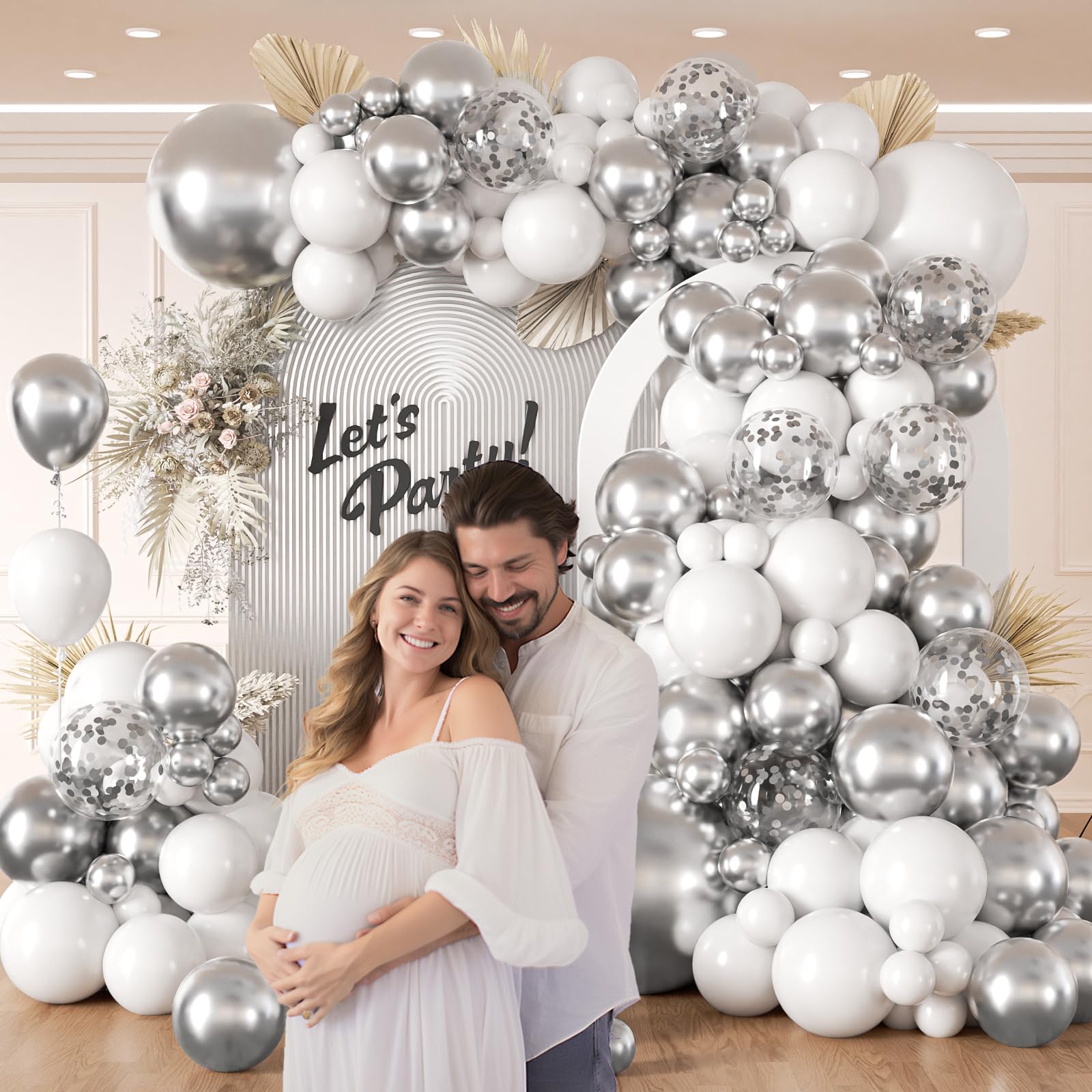 132pcs Silver and White Balloon Arch Kit, Metallic Silver and White Balloons Different Sizes of 18 12 10 Inch Balloons for Wedding Anniversary Baby Shower Graduation Birthday Party Decoration