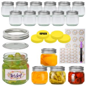 accguan mason jar set of 16, 8 oz glass jar with yellow plastic lid and stainless steel split lid, honey, wedding favors, shower favors, food storage